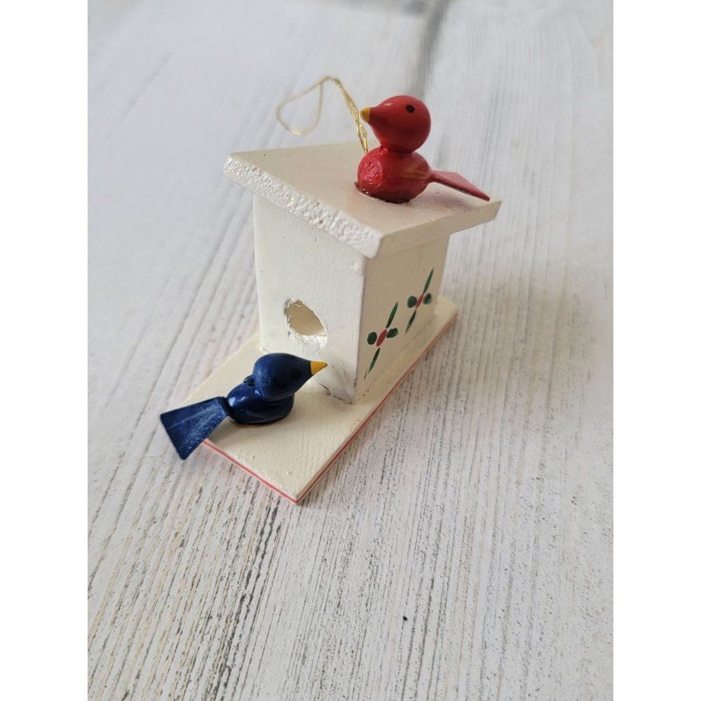 Vintage wooden bird house red blue mistletoe ornament Xmas decor